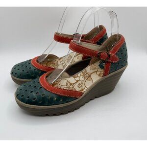 Fly London Ying Sandals Women's Size EU37/US6.5 Green/Orange Leather Wedge Shoe